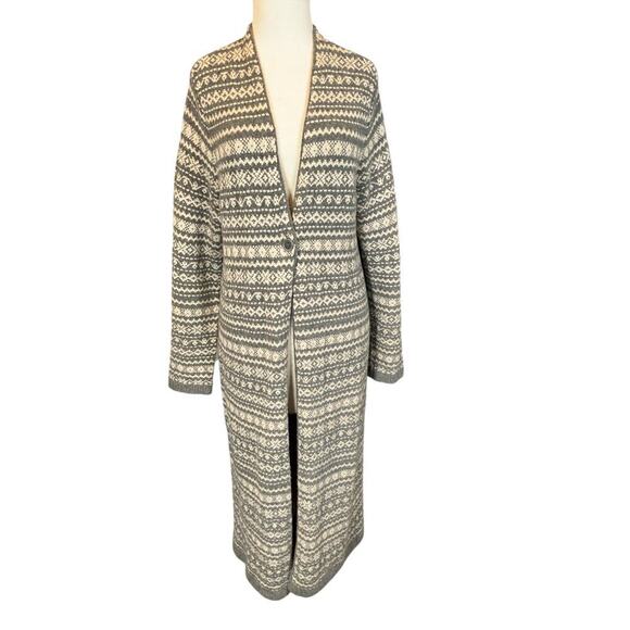 J.JILL Long Fair Isle Bounce Cardigan Singe Button Charcoal Heather Oatmeal Med - Picture 5 of 13